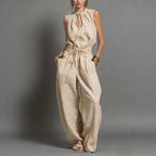 Beige Linen-Blend Smocked-Waist Jumpsuit