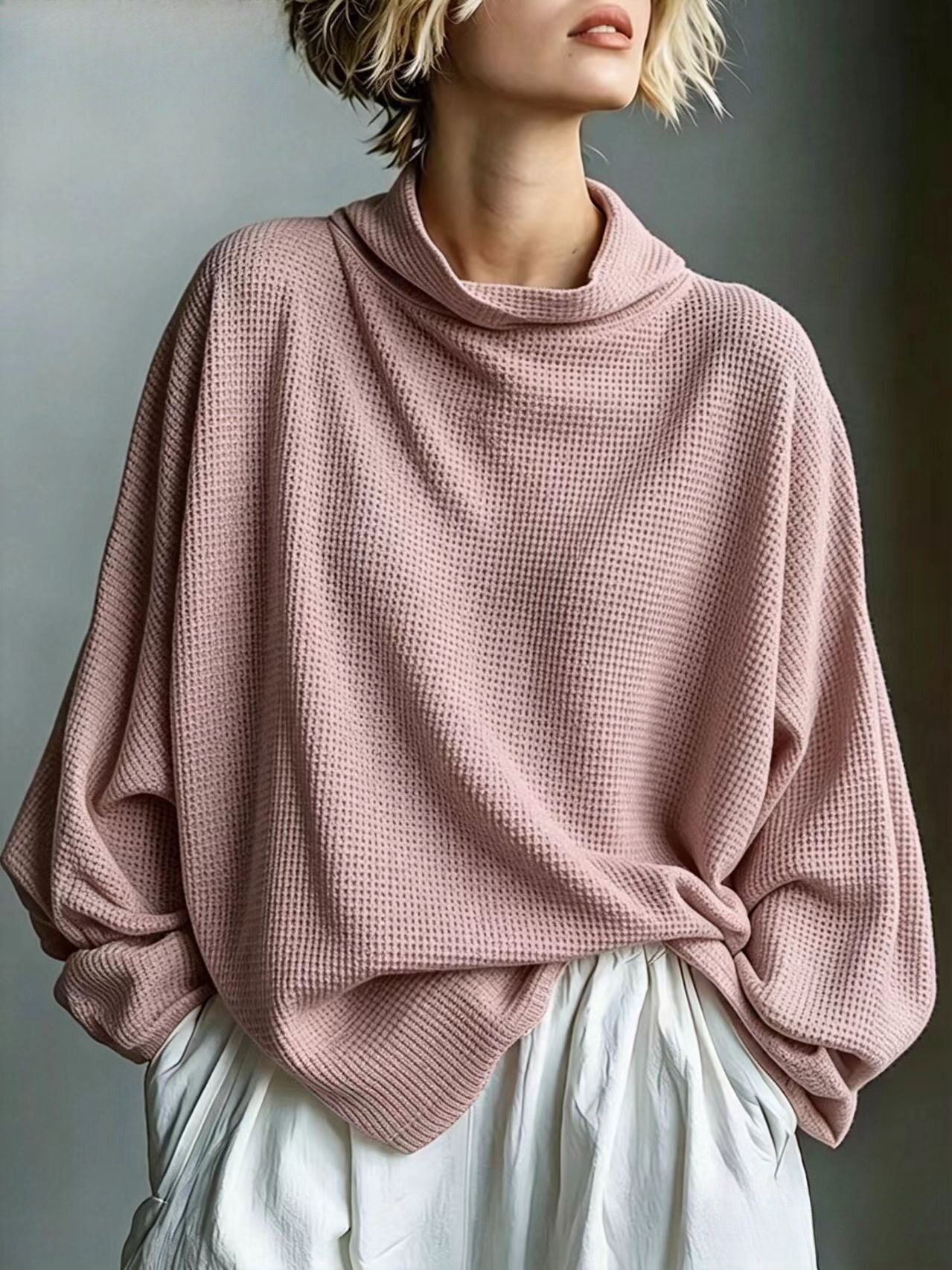 Waffle-Knit Oversized Cowl Neck Top