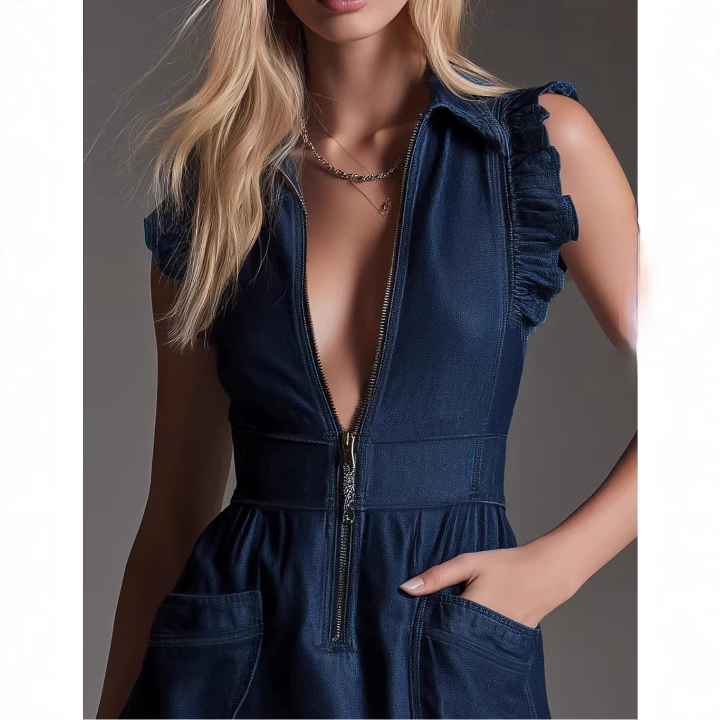 Denim Ruffle Sleeveless Zip Front Mini Dress