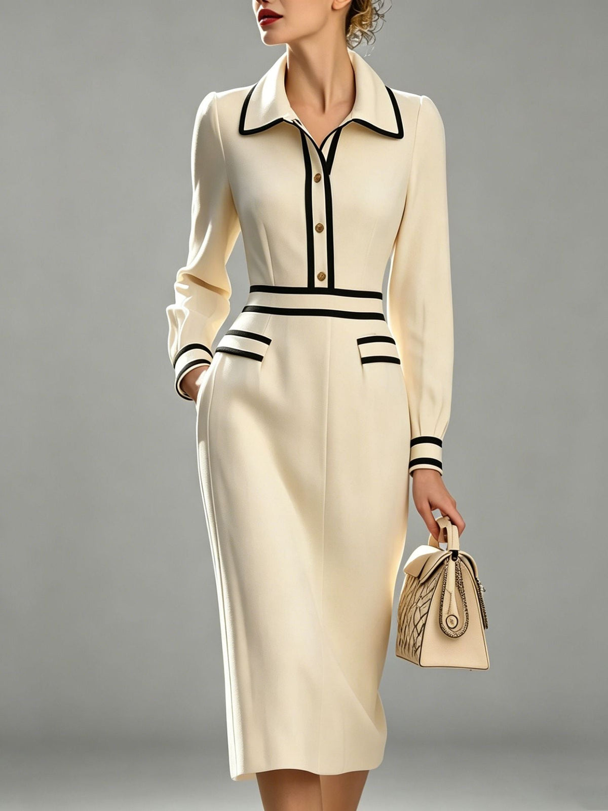 Elegant Contrast Trim Shirt Style Midi Dress For Women