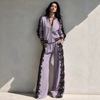Bomber Jacket & Wide‑Leg Pants Two‑Piece Set with Black Lace Trim