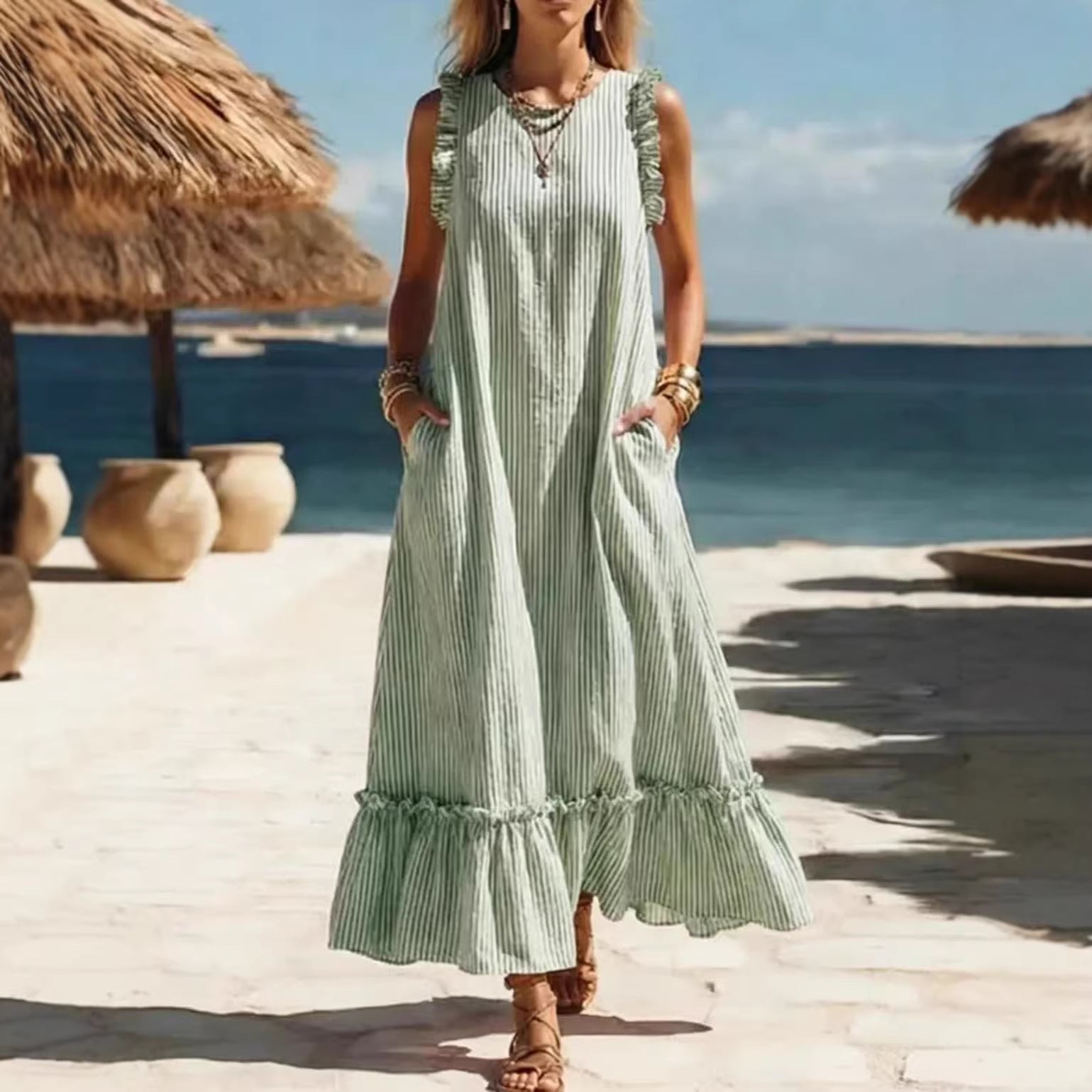 🌊 Coastal Striped Ruffle Maxi Dress