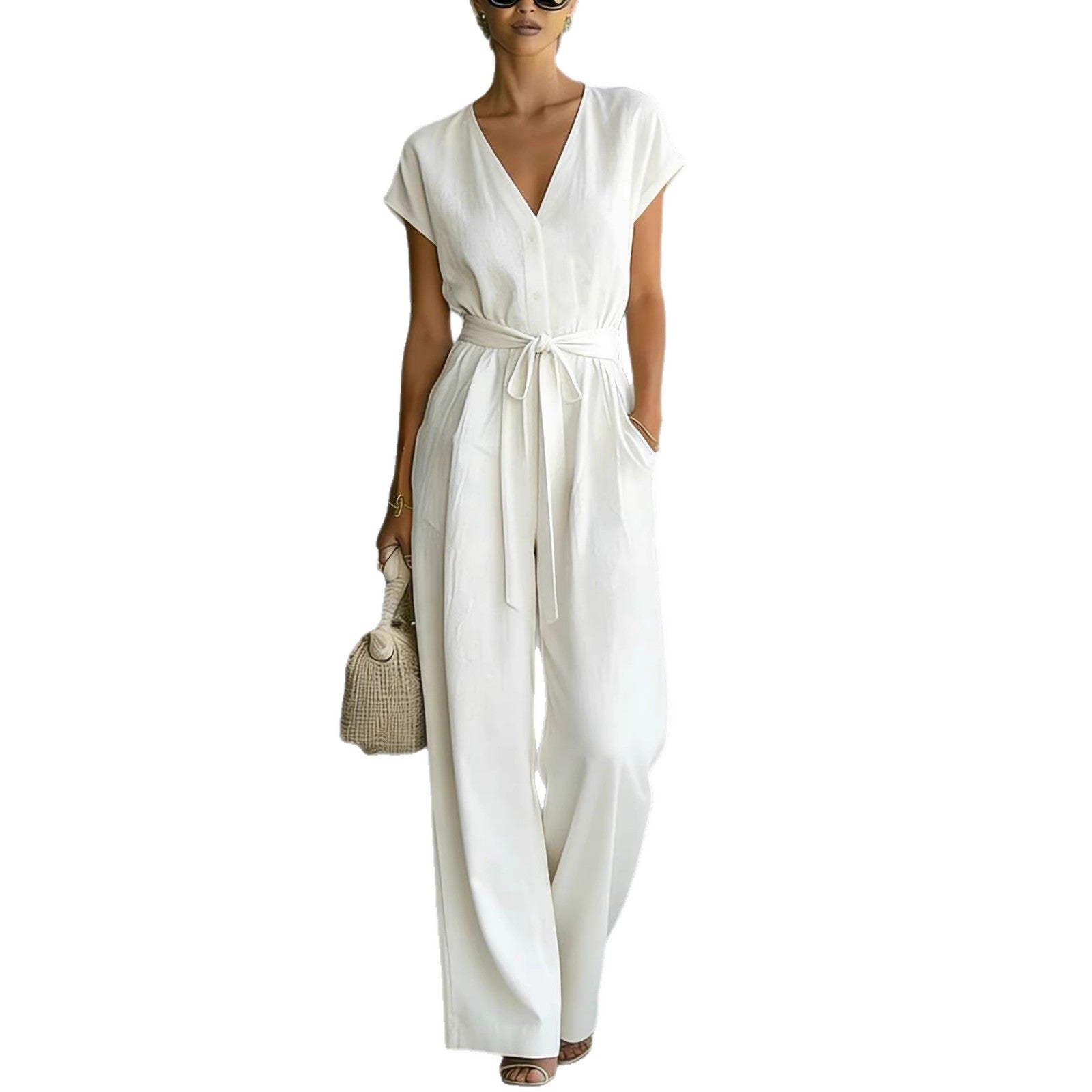 Elegant V-Neck Belted Jumpsuit for Women - Casual & Chic One-Piece Outfit for Everyday & Occasion Wear