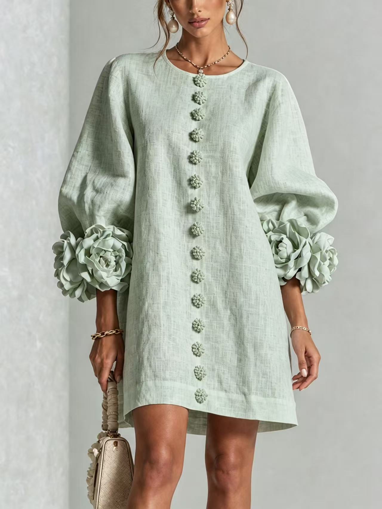 Women Blush Pink Fabric Floral Appliqué Balloon‑Sleeve Shift Mini Dress
