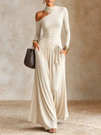 Women Turtleneck Cutout Long Sleeve Maxi Dress, Asymmetric Cold Shoulder Flowy Long Dress
