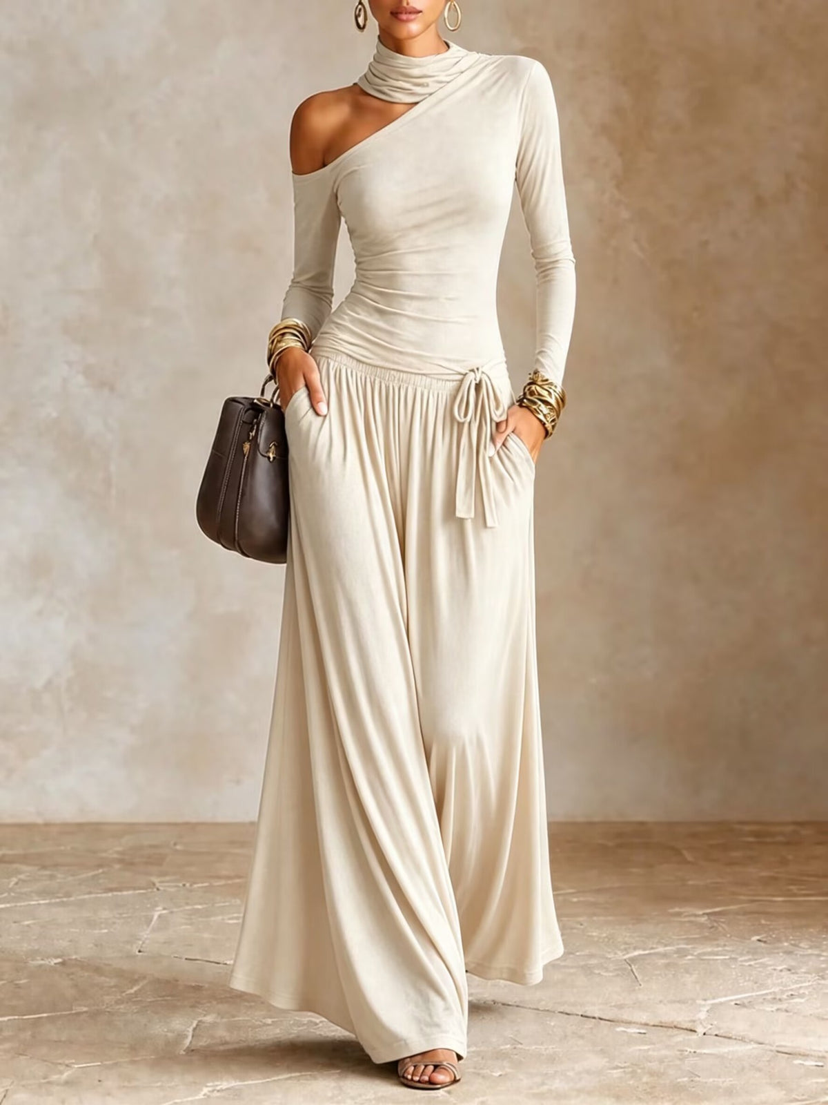 Women Turtleneck Cutout Long Sleeve Maxi Dress, Asymmetric Cold Shoulder Flowy Long Dress