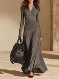Ribbed Button-Front Maxi Dress with Ruched Waist