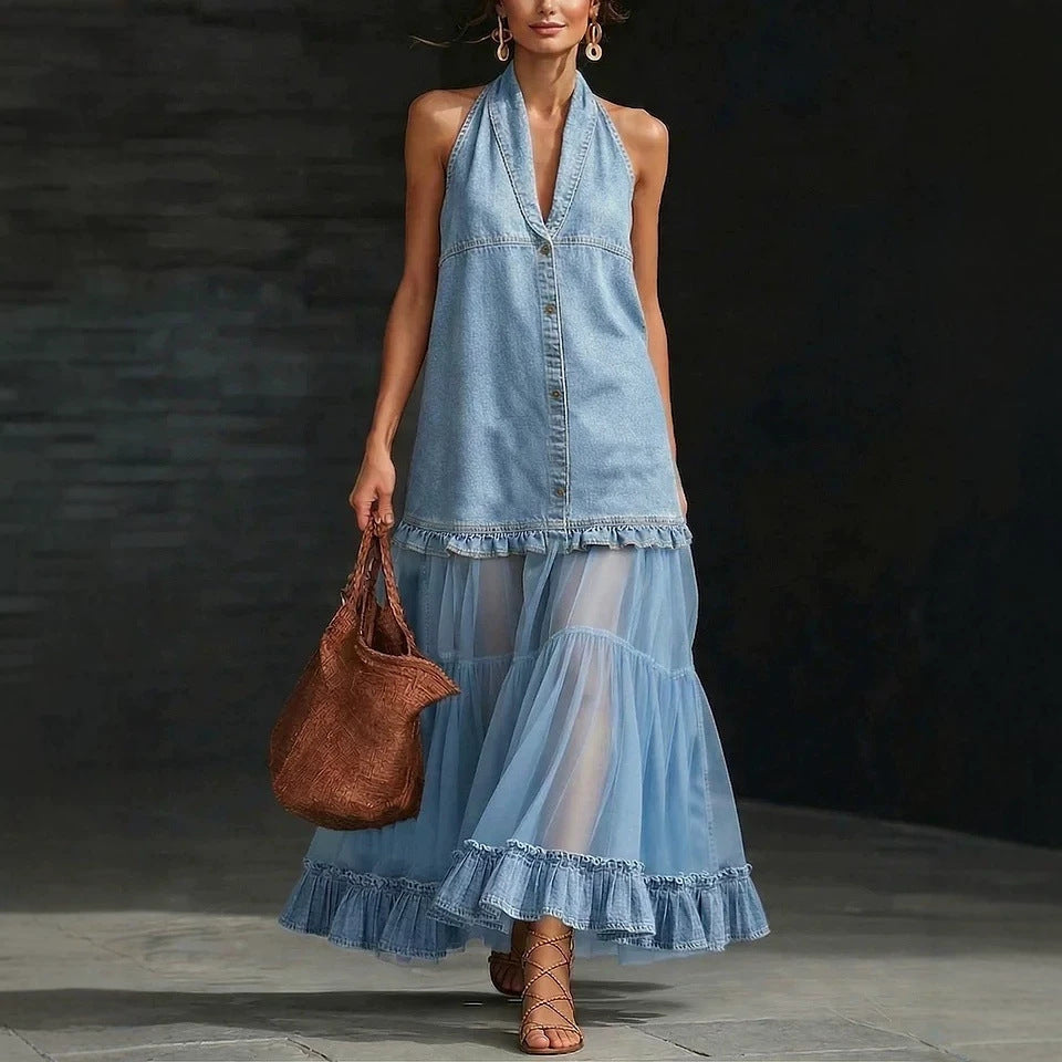 Halter Neck Denim & Tulle Tiered Maxi Dress