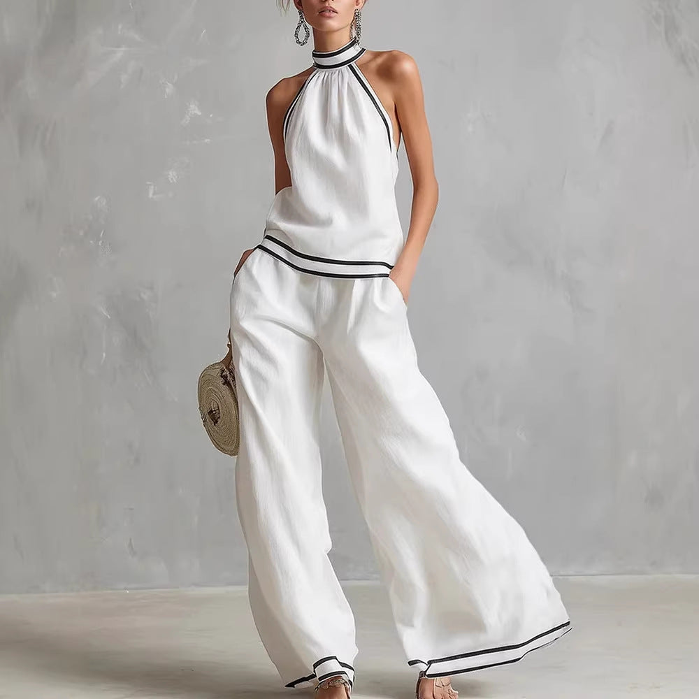 Halterneck Sleeveless Wide-Leg Pants Suit For Women