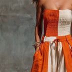 Strapless Orange And Off-White Contrasting Cotton And Linen Jumpsuit