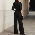 Women'S Mesh Puff‑Sleeve Mock Neck Top & High‑Waist Wide‑Leg Pants Two‑Piece Set