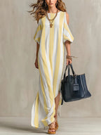 Vertical Stripe Cold Shoulder Split Maxi Shift Dress