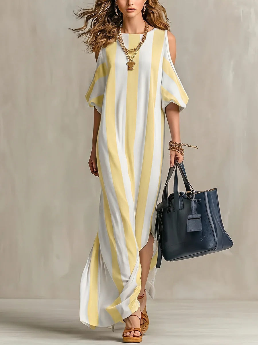 Vertical Stripe Cold Shoulder Split Maxi Shift Dress