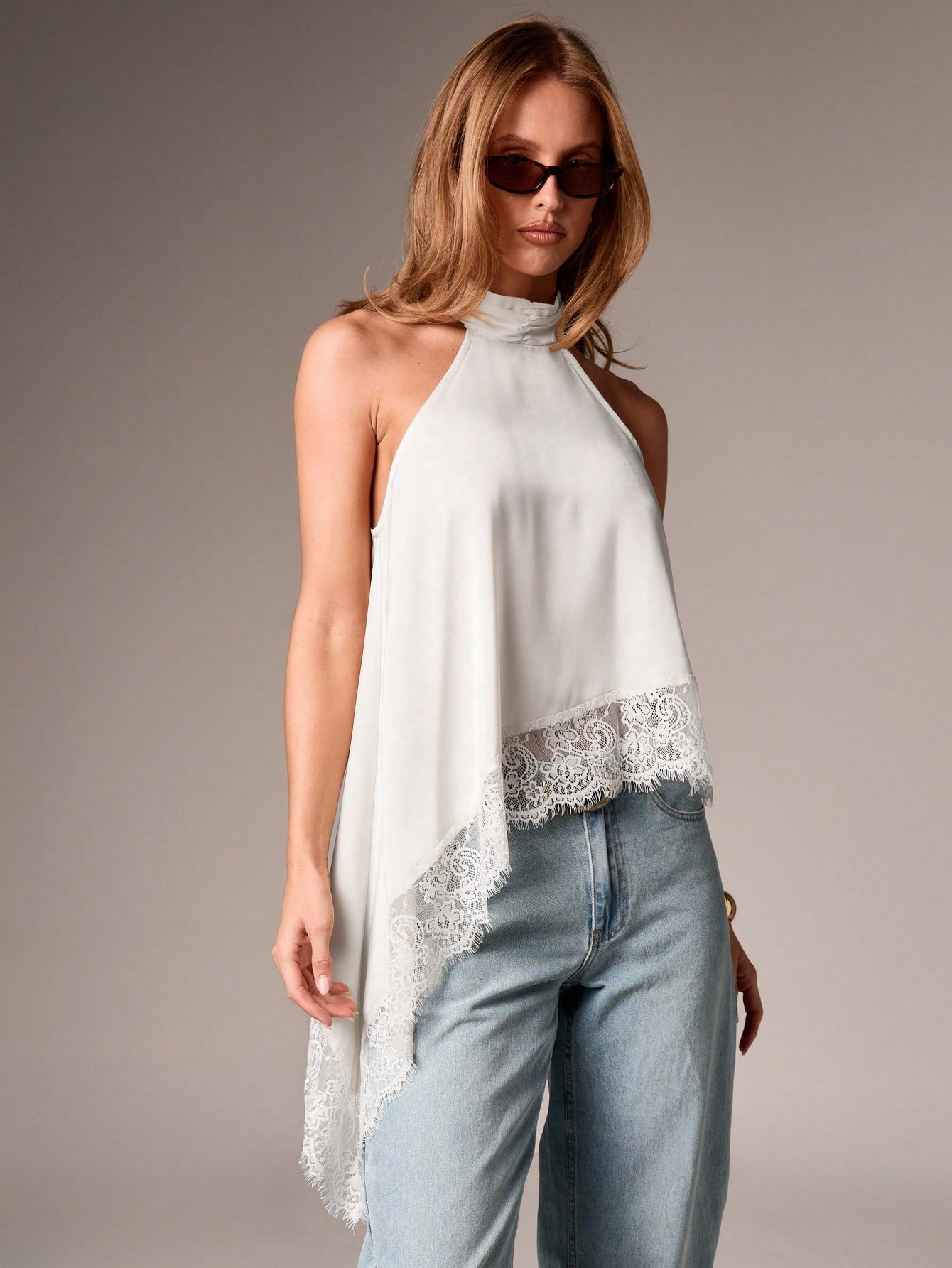 Satin Halter Asymmetrical Lace Hem Cami Top