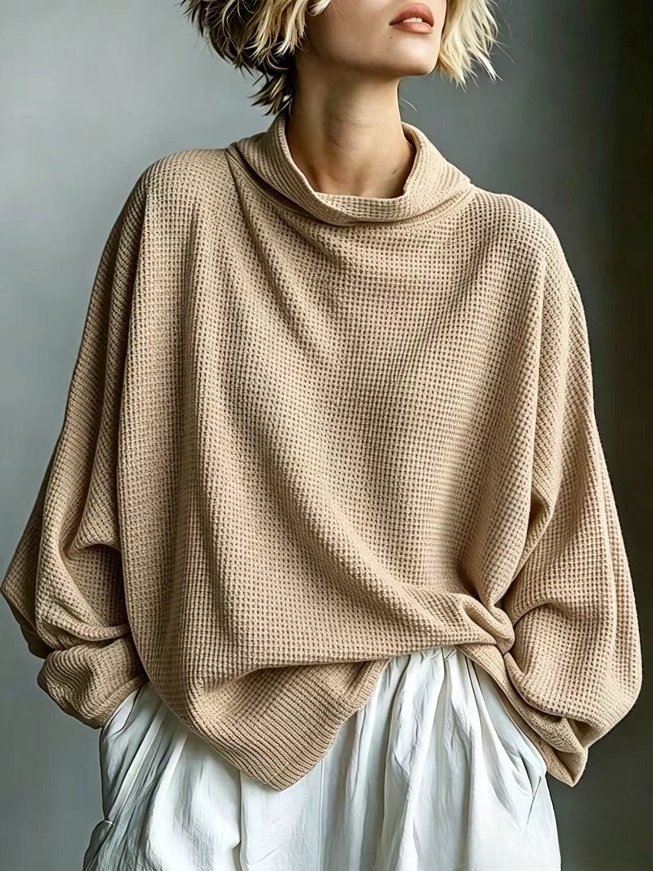 Waffle-Knit Oversized Cowl Neck Top