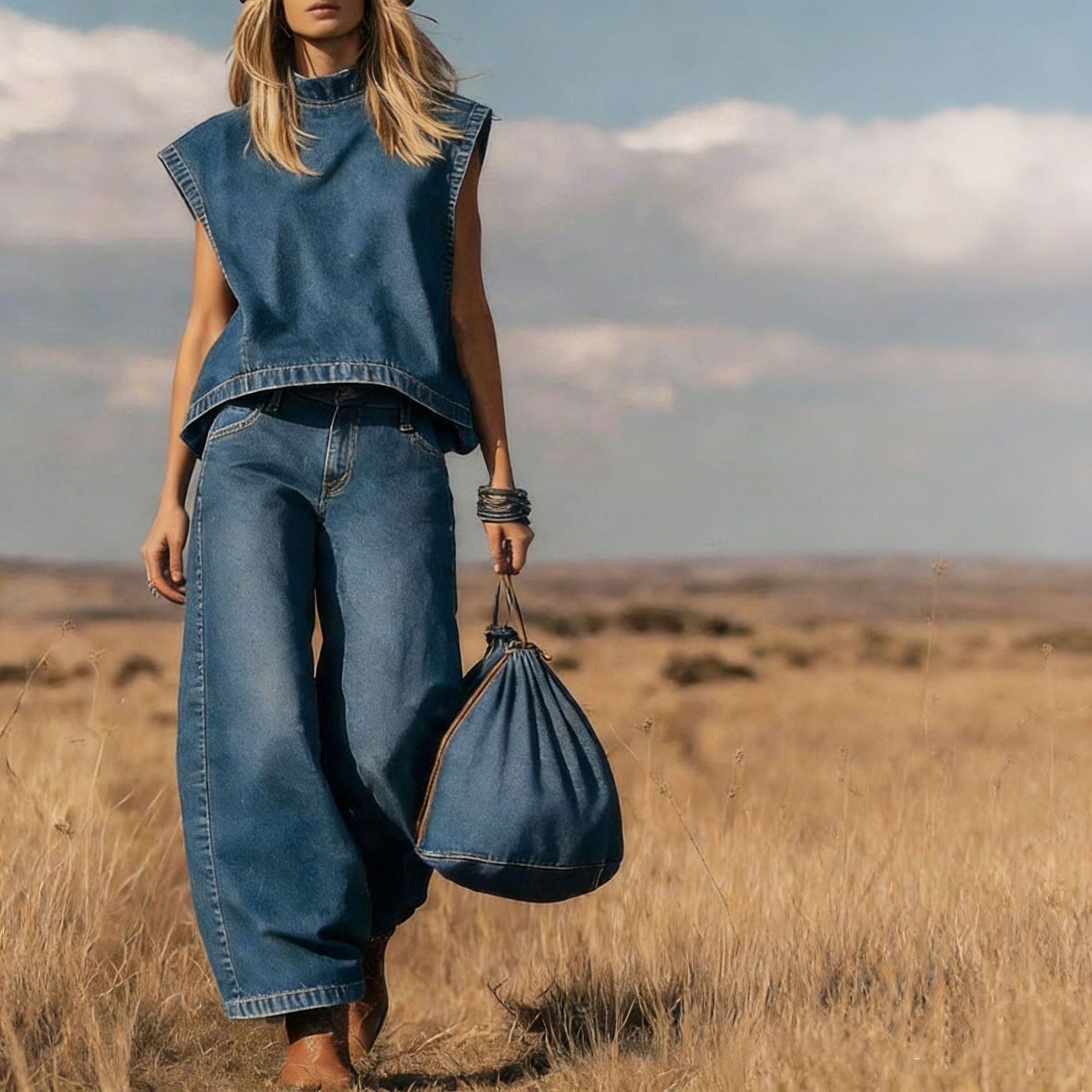High Waist Wide Leg Jeans Two-Piece Set