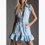 Denim Ruffle Sleeveless Zip Front Mini Dress