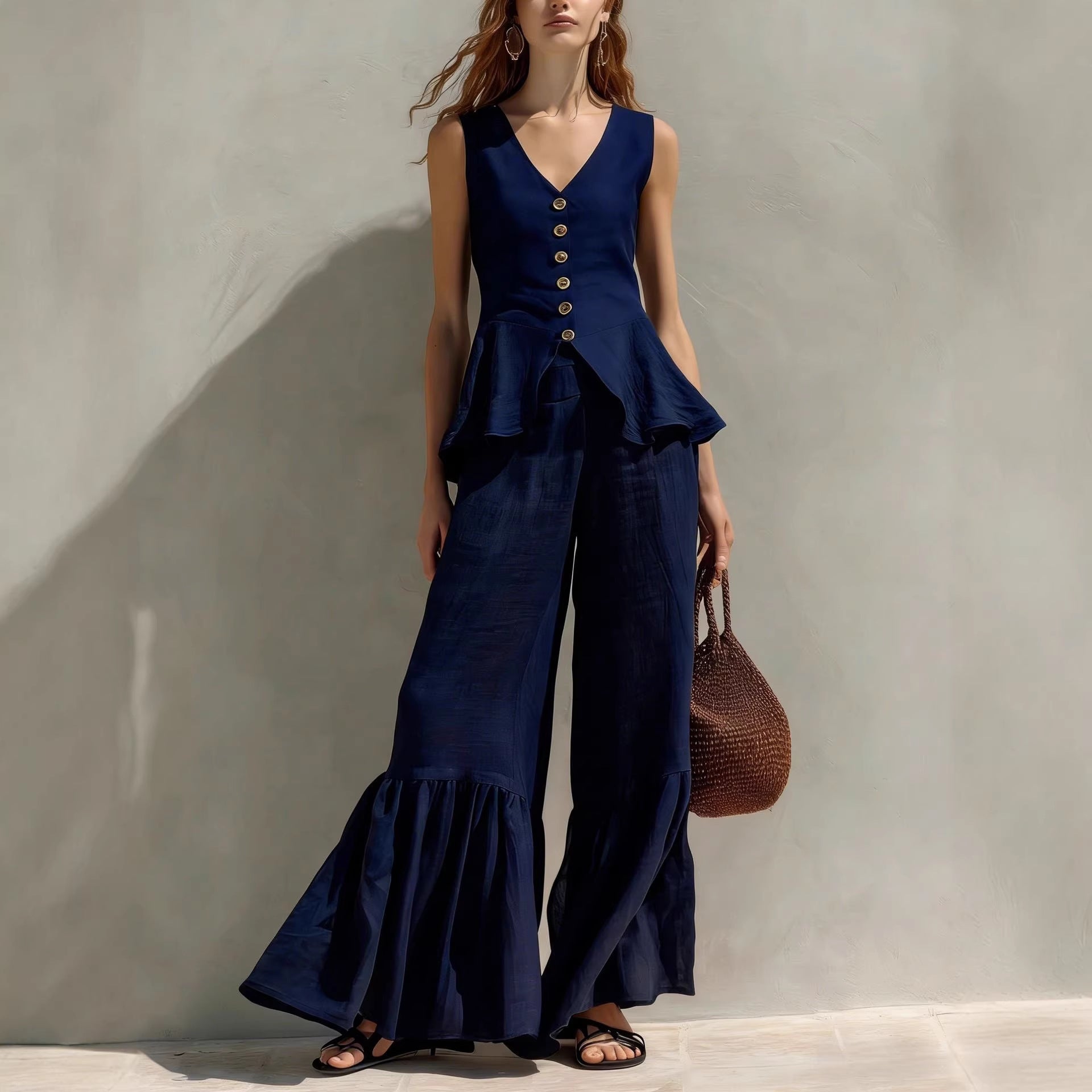 Mustard Linen-Blend Peplum Top & Ruffled Wide-Leg Pants Set