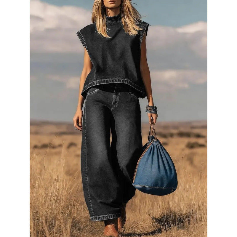 High Waist Wide Leg Jeans Two-Piece Set