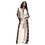 Bomber Jacket & Wide‑Leg Pants Two‑Piece Set with Black Lace Trim