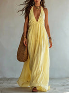 Halter Deep V Gathered Empire Waist Flowy Chiffon Maxi Dress