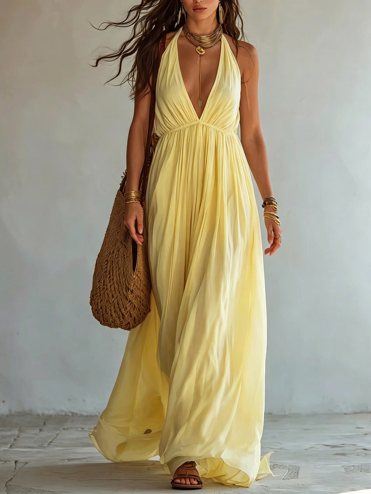 Halter Deep V Gathered Empire Waist Flowy Chiffon Maxi Dress
