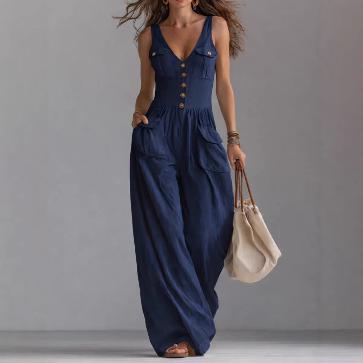 Solid Color Button Pocket Loose Casual Suspender Jumpsuit For Women