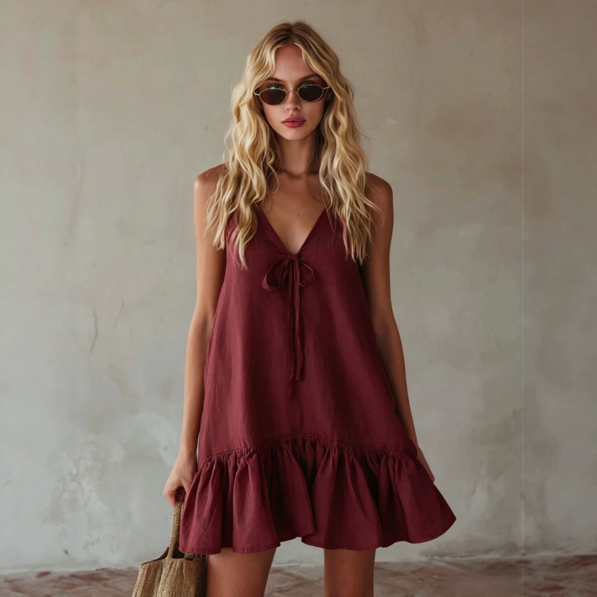 Mustard Tie Front Spaghetti Strap Linen Mini Dress