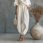Women One Shoulder Linen Two Piece Outfit, Oversized Roll Sleeve Top