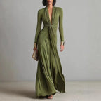 Olive Green Deep V-neck Pleated Glamorous Maxi Dress