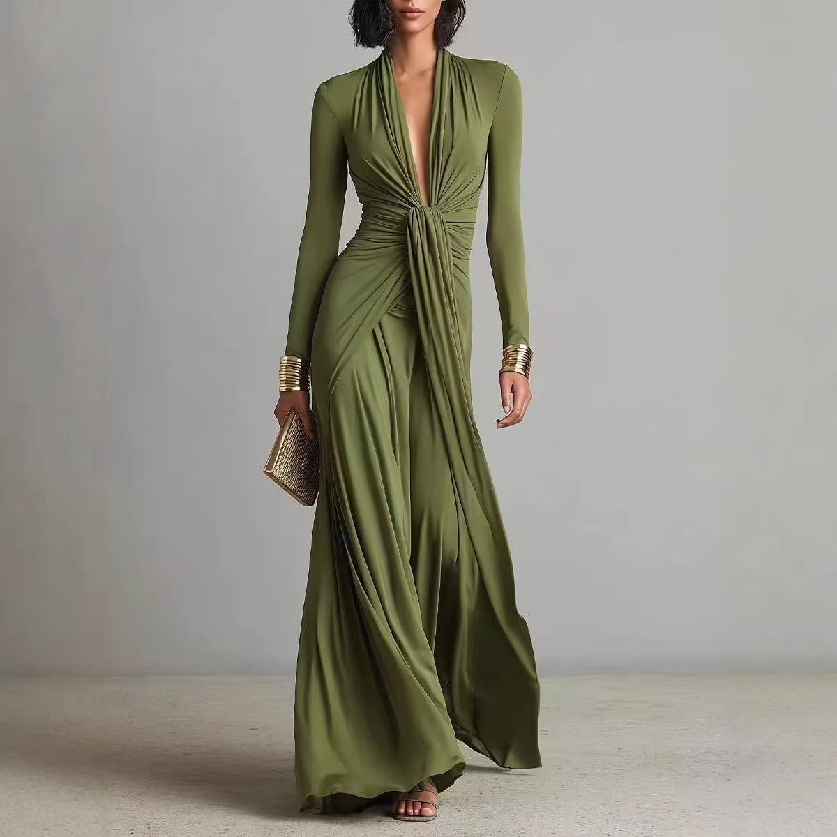 Olive Green Deep V-neck Pleated Glamorous Maxi Dress