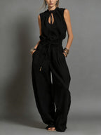 Beige Linen-Blend Smocked-Waist Jumpsuit