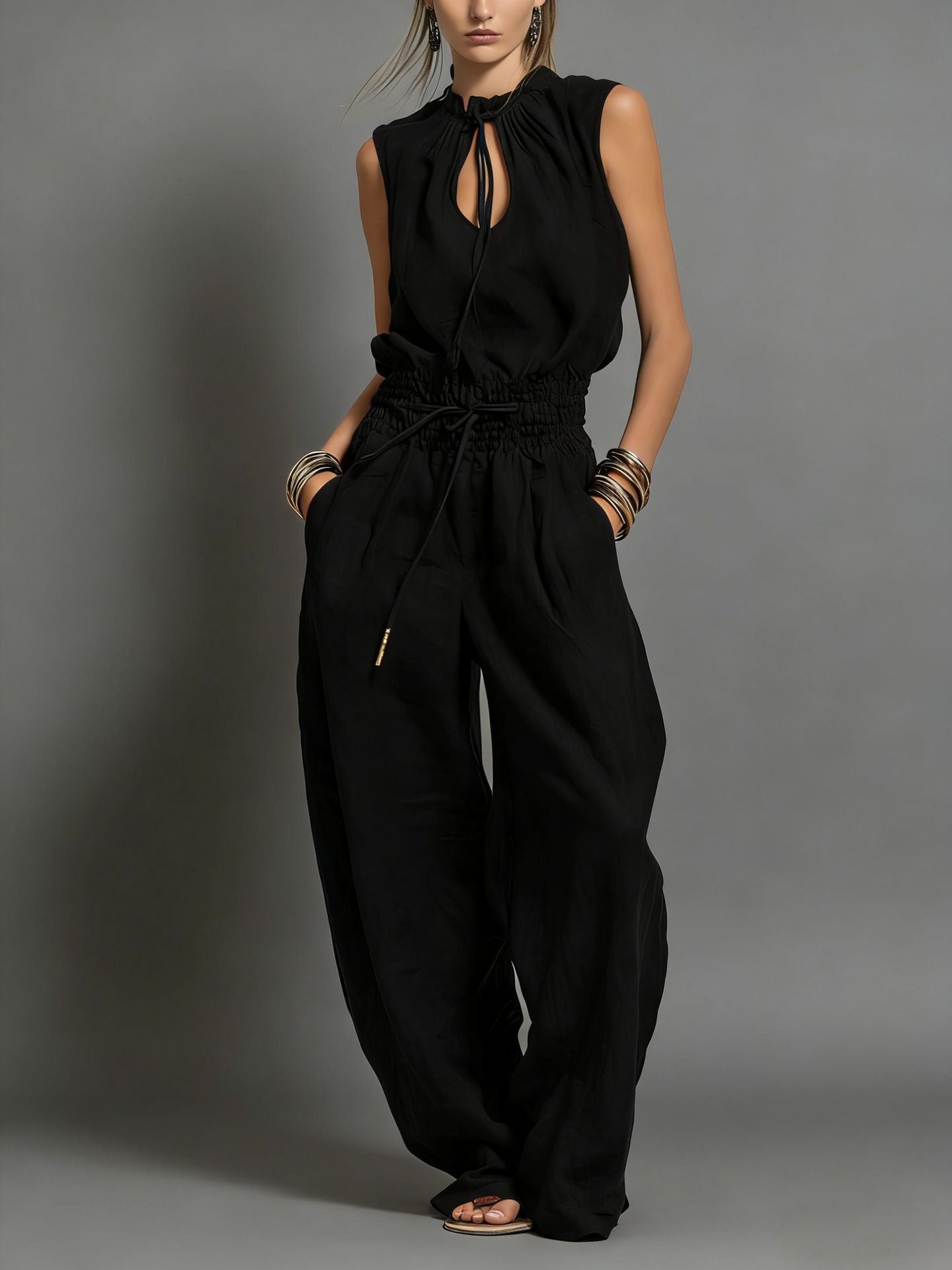 Beige Linen-Blend Smocked-Waist Jumpsuit