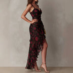 Black Flower Print Irregular Ruffle Suspender Dress