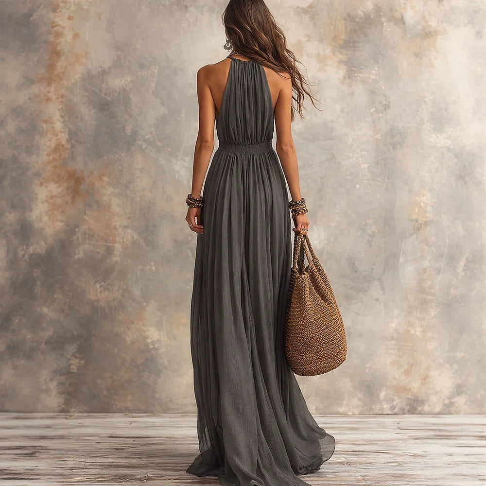 Halter V-Neck Linen-Blend Maxi Dress