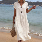 Women's Linen‑Blend Notched Neck Button Detail Maxi Dress