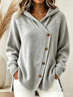 Hooded Wrap Diagonal Button Knit Cardigan