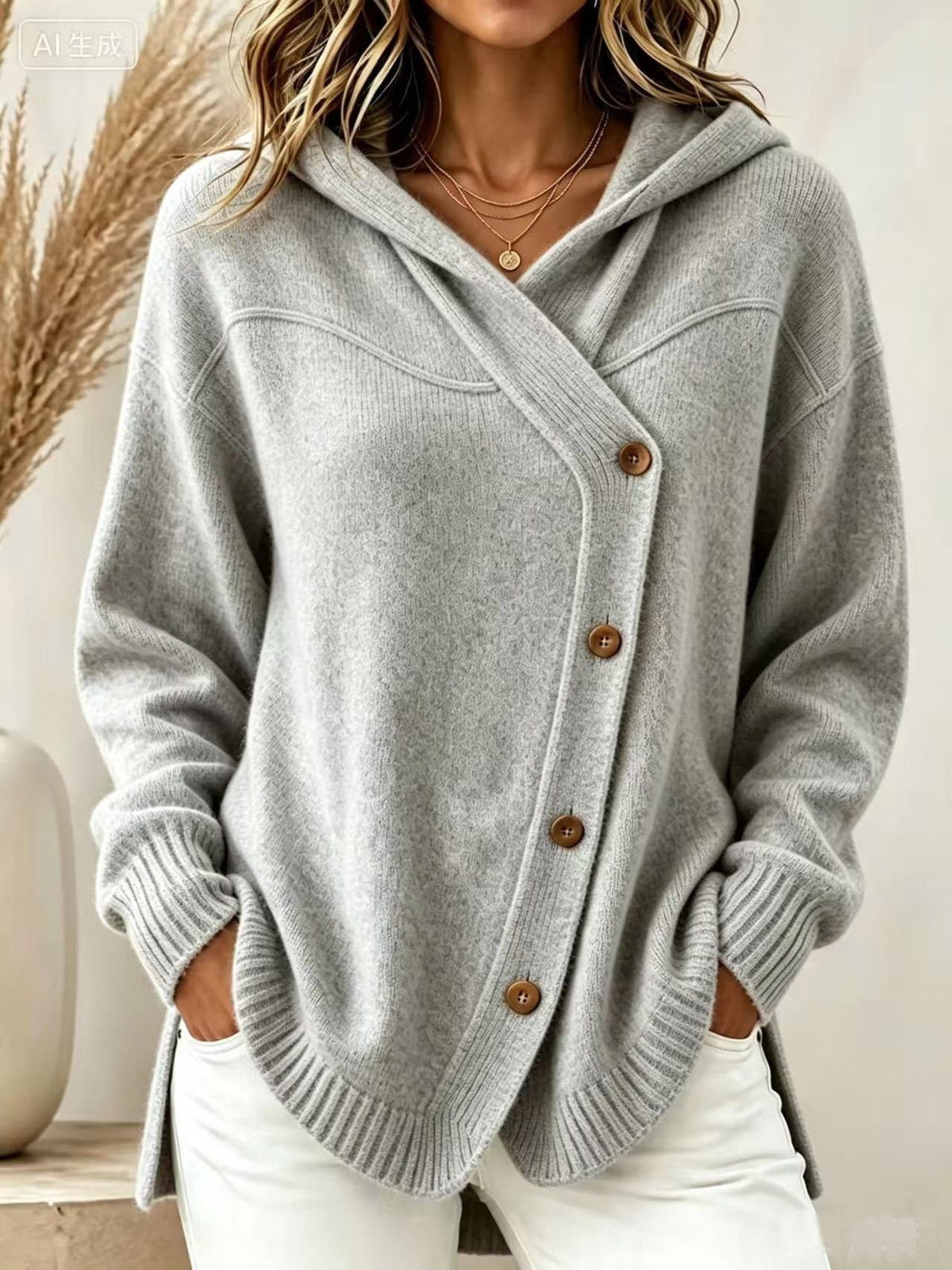 Hooded Wrap Diagonal Button Knit Cardigan