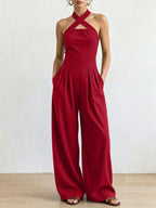 Crisscross Halter Keyhole Cutout High Waist Wide Leg Pantsuit with Pockets