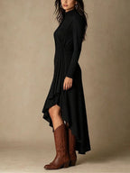 Mock Neck Wrap Dress with Asymmetric Ruffle Hem