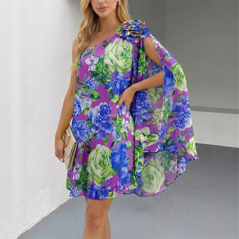 Women's Bright Yellow One Shoulder Chiffon Mini Dress with Floral Applique and Cape Sleeve