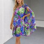 Women's One Shoulder Chiffon Mini Dress with Floral Applique and Cape Sleeve