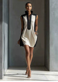Women's Black & White Color-Block Mini Dress With Stand Collar