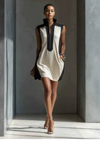 Women's Black & White Color-Block Mini Dress With Stand Collar
