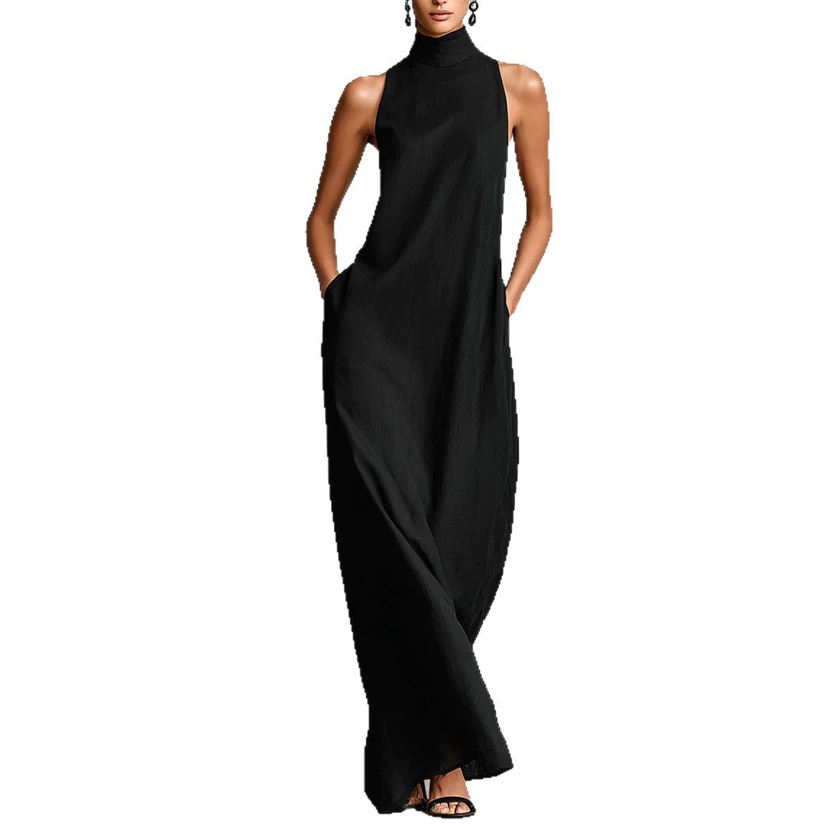 Sleeveless High Neck Linen Maxi Shift Dress