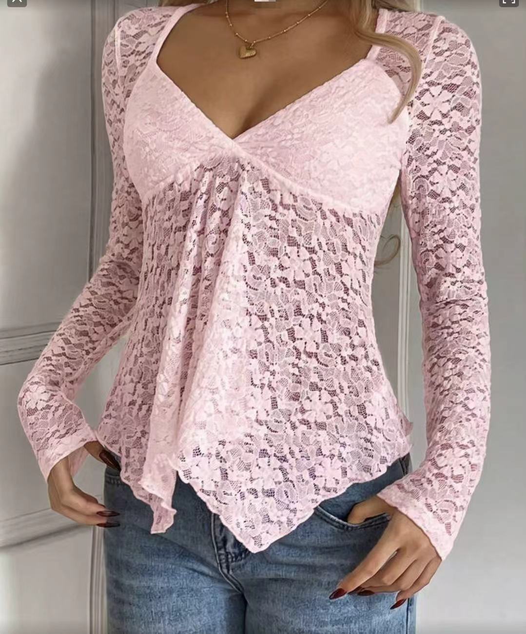 Floral Lace Long Sleeve V-Neck Peplum Top