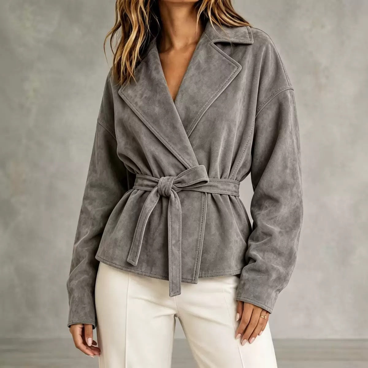 Women's Faux Suede Wrap Jacket with Self-Tie Belt