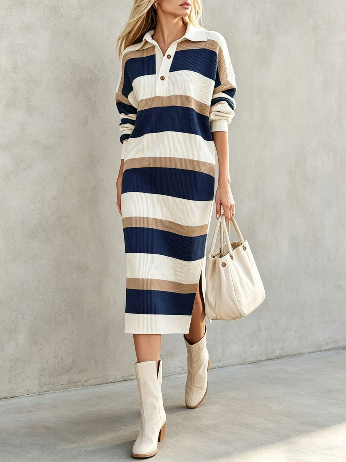 Striped Polo Collar Knit Midi Dress