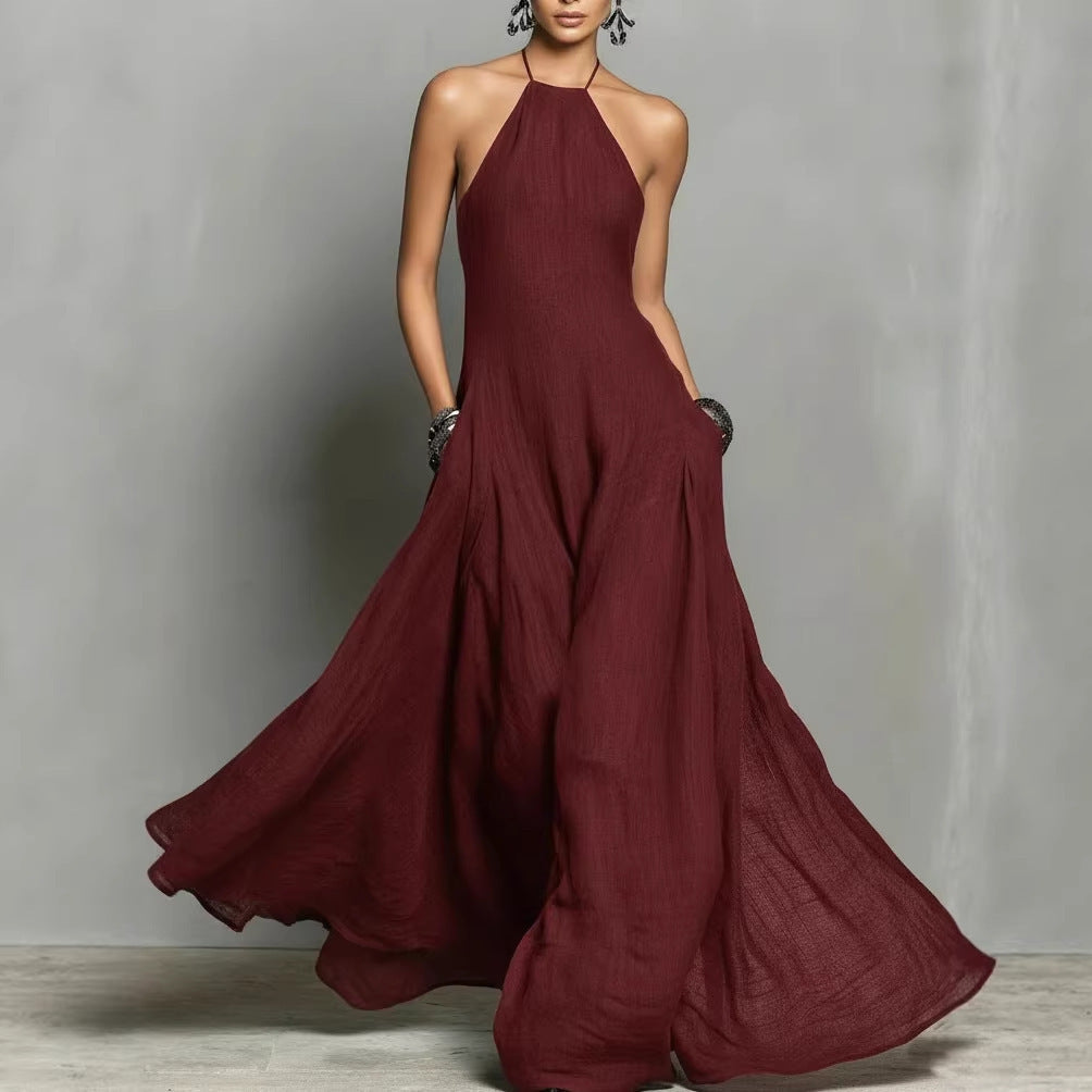 Cotton And Linen Blend Simple Backless Sleeveless Long Dress