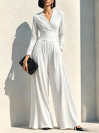 Elegant Chocolate Brown Long Sleeve Wrap Wide Leg Jumpsuit with Waist Detail